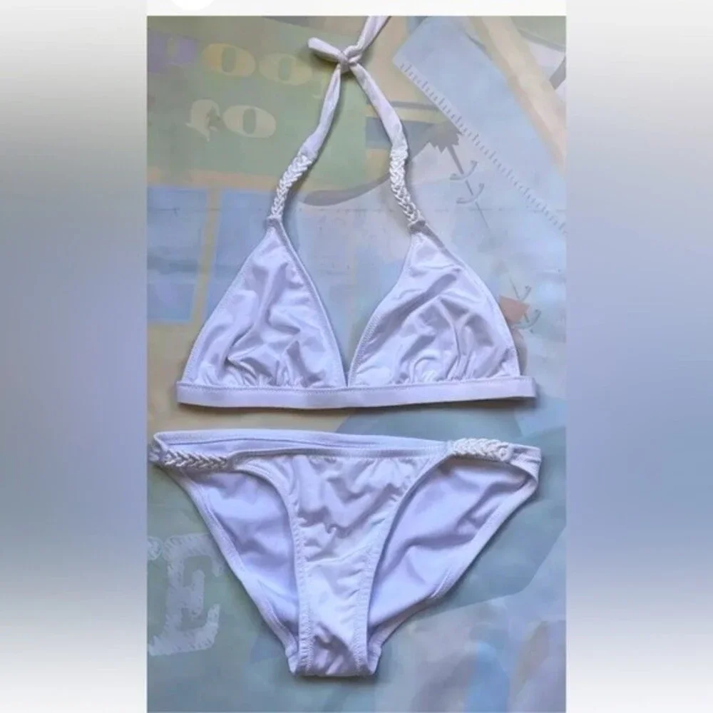 BcbgMaxAzria 2 Piece Swim Bikini Sz mix top Medium bottom Small White Gold Metal